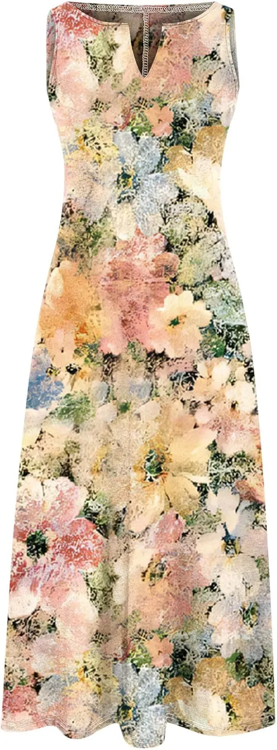 2 Piece Dress Sets for Women Floral Sleeveless Loose Maxi Summer Dresses with Cardigan Beach Wedding Guest Dress