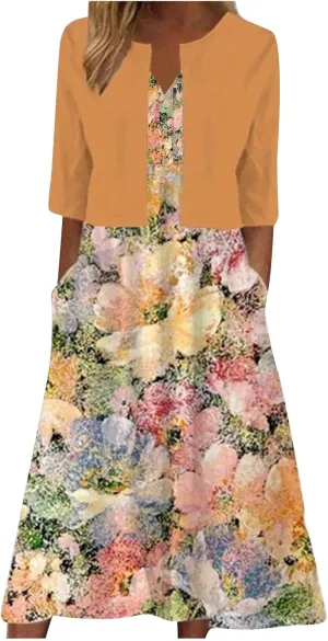 2 Piece Dress Sets for Women Floral Sleeveless Loose Maxi Summer Dresses with Cardigan Beach Wedding Guest Dress