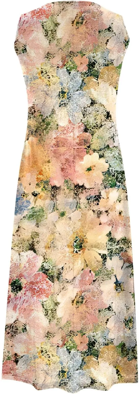2 Piece Dress Sets for Women Floral Sleeveless Loose Maxi Summer Dresses with Cardigan Beach Wedding Guest Dress