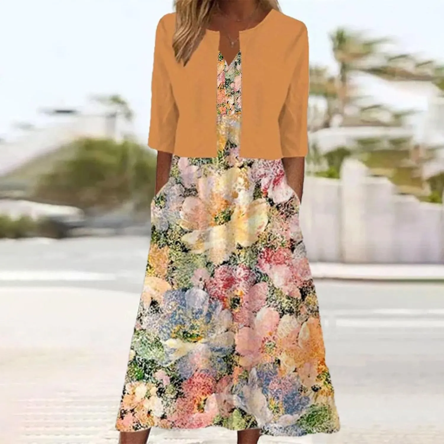 2 Piece Dress Sets for Women Floral Sleeveless Loose Maxi Summer Dresses with Cardigan Beach Wedding Guest Dress