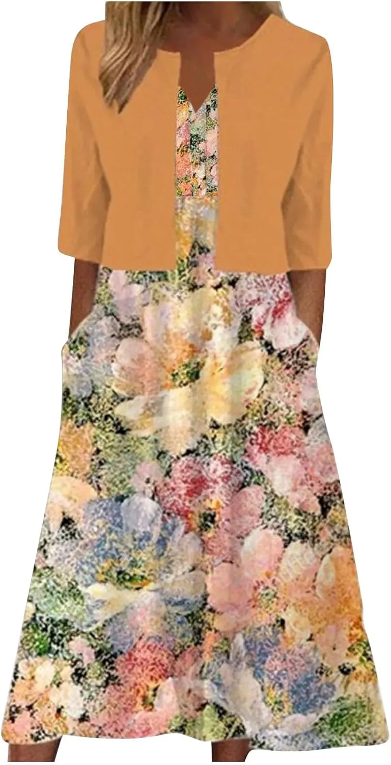 2 Piece Dress Sets for Women Floral Sleeveless Loose Maxi Summer Dresses with Cardigan Beach Wedding Guest Dress