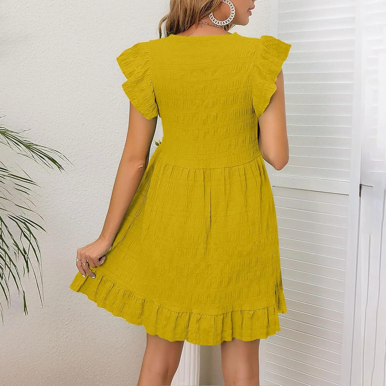 2025 Womens Summer Smocked V Neck Dresses Casual Ruffle Short Sleeve Dress Loose A-Line Swing Mini Dress Sundress