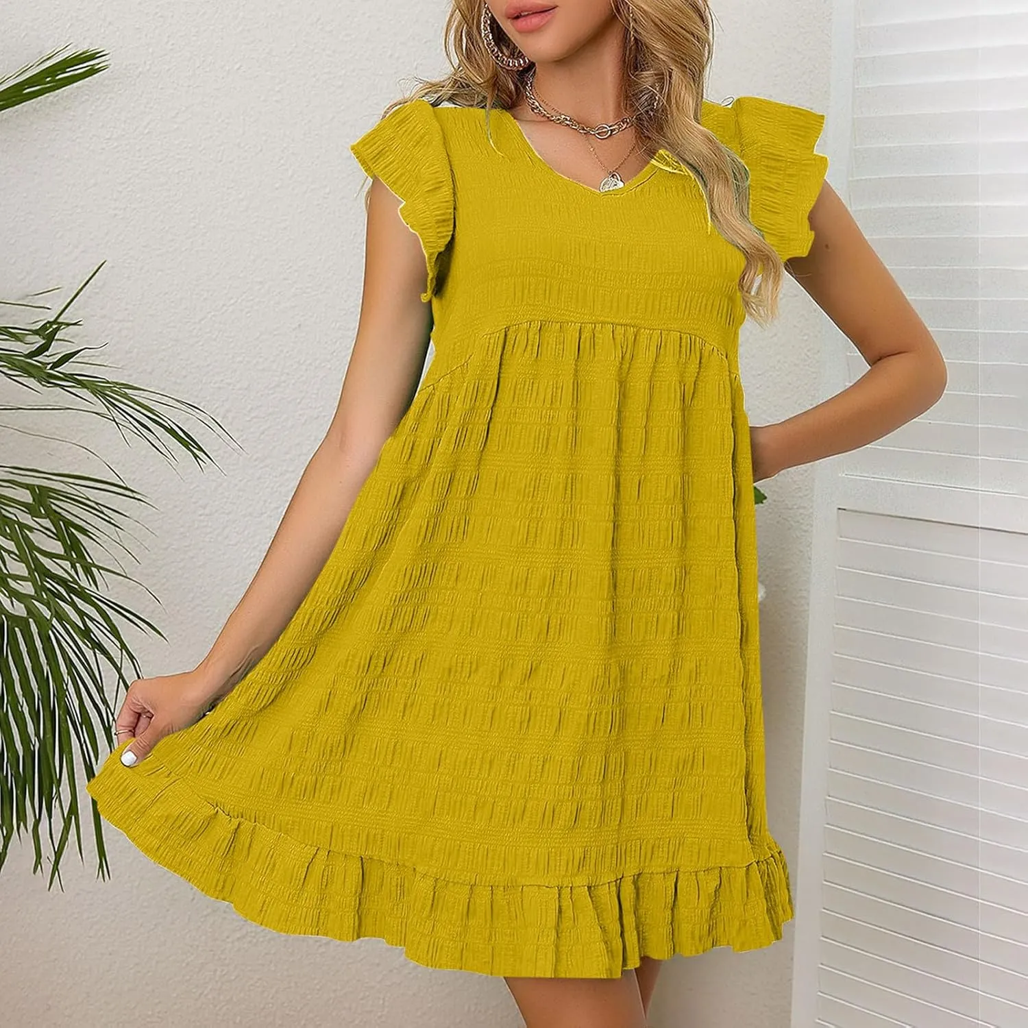2025 Womens Summer Smocked V Neck Dresses Casual Ruffle Short Sleeve Dress Loose A-Line Swing Mini Dress Sundress