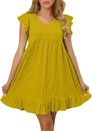 2025 Womens Summer Smocked V Neck Dresses Casual Ruffle Short Sleeve Dress Loose A-Line Swing Mini Dress Sundress