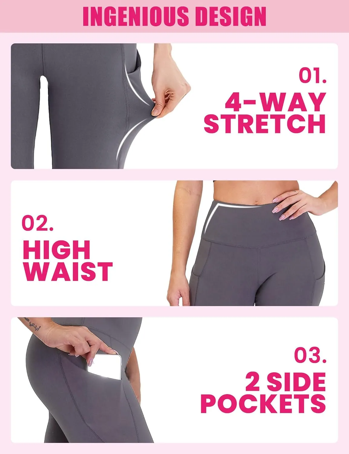 3 Pack Yoga Pants with Pockets for Women, Tummy Control Black Compression Gym Workout Leggings