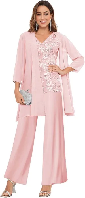 3 Pieces Mother of The Bride Pantsuits with Jacket for Wedding 3/4 Sleeve Formal Wedding Guest Evening Outfit