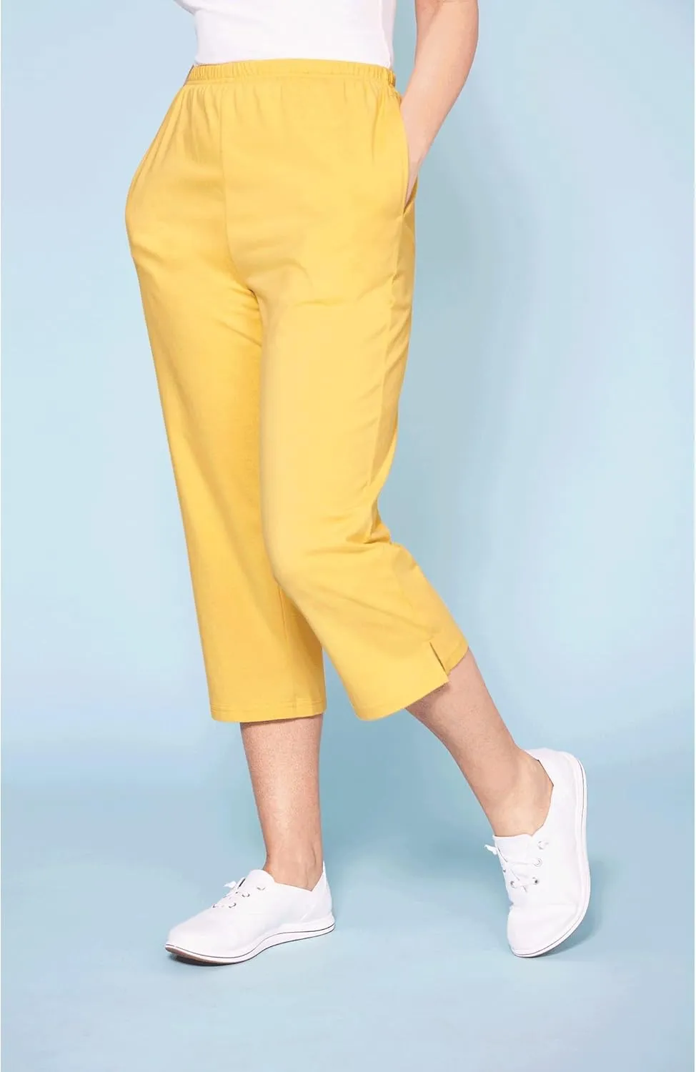 AmeriMark Womens Capri Pants - Full Elastic Waist Pedal Pushers - Ladies 100% Cotton Pull-On Cropped Pants - Side Pockets