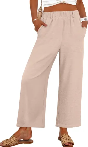 ANRABESS Wide Leg Pants for Women Summer Elastic Waist 2025 Casual Beach Vacation Cropped Palazzo Pants Trousers with Pocket