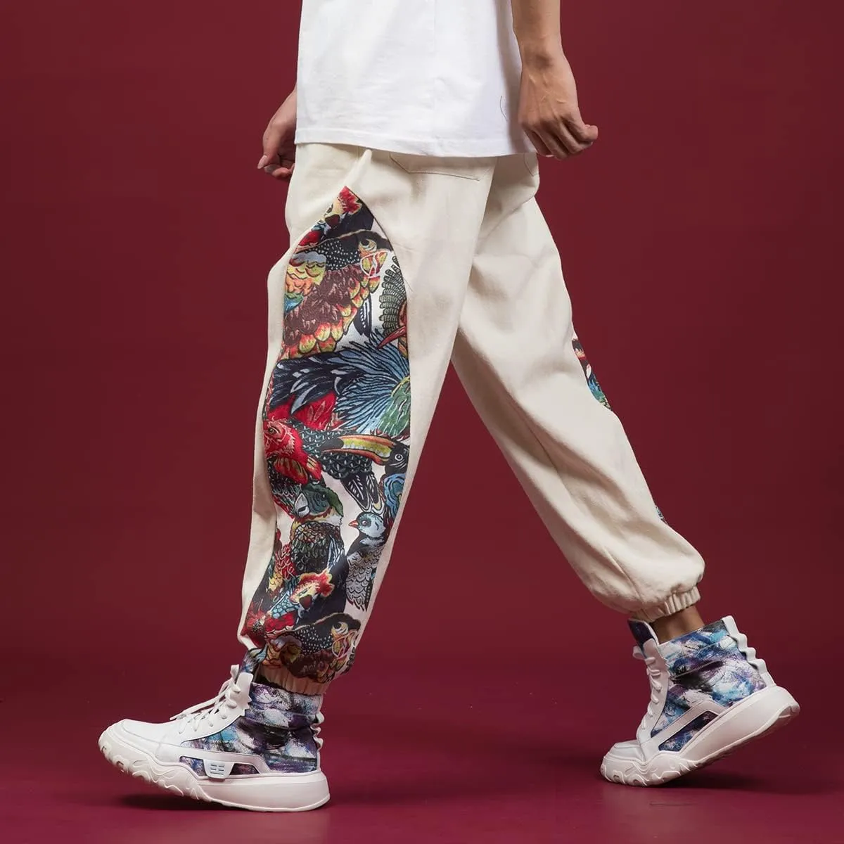 Aoleaky Ethnic Style Patchwork Casual Harem Pants, Chinese Style Oversized Print Joggers, Relaxed Trousers