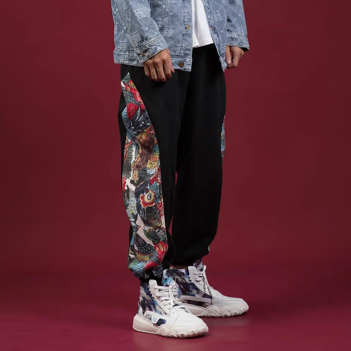 Aoleaky Ethnic Style Patchwork Casual Harem Pants, Chinese Style Oversized Print Joggers, Relaxed Trousers