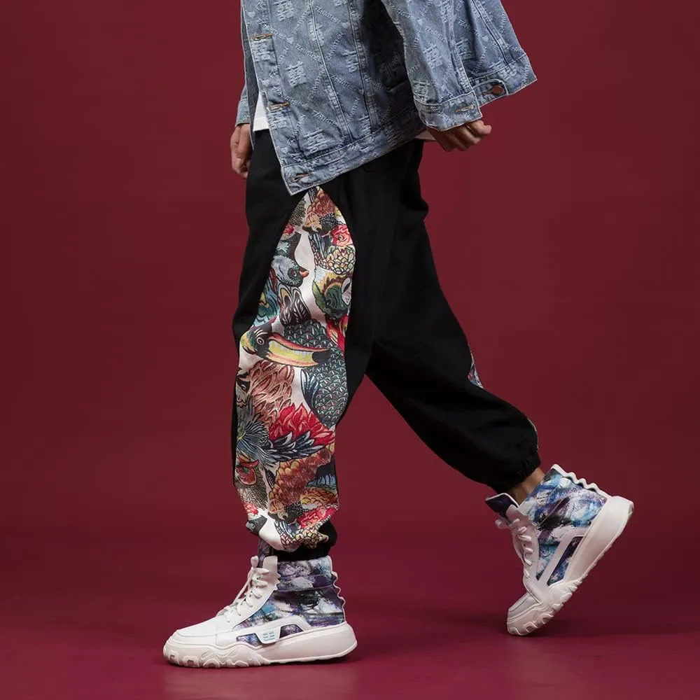 Aoleaky Ethnic Style Patchwork Casual Harem Pants, Chinese Style Oversized Print Joggers, Relaxed Trousers