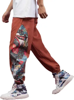 Aoleaky Ethnic Style Patchwork Casual Harem Pants, Chinese Style Oversized Print Joggers, Relaxed Trousers