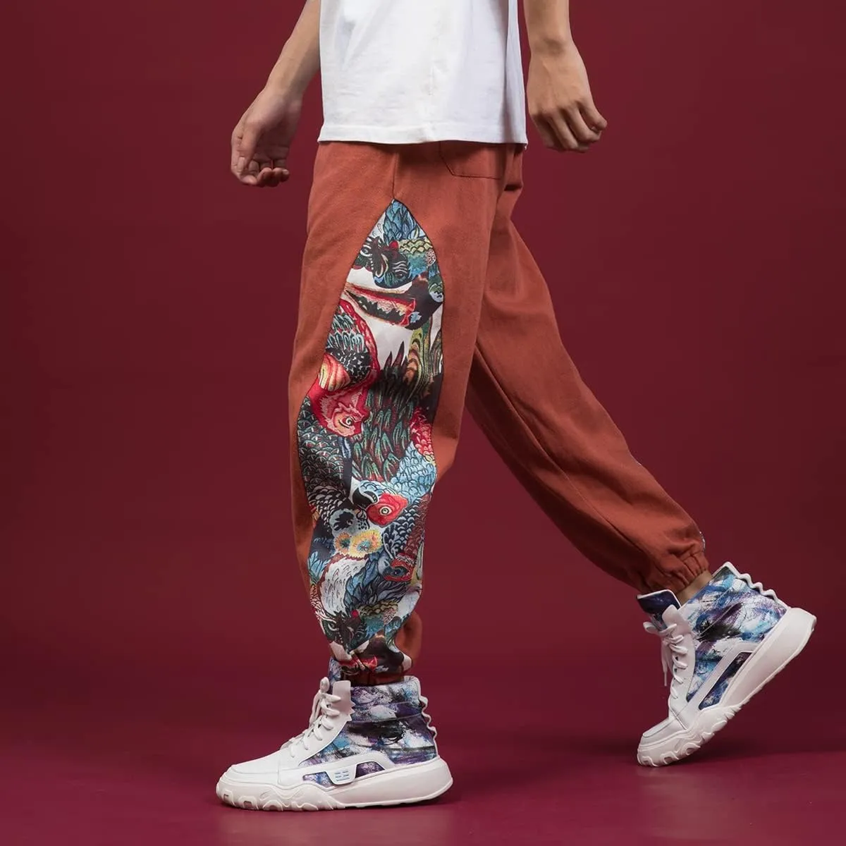 Aoleaky Ethnic Style Patchwork Casual Harem Pants, Chinese Style Oversized Print Joggers, Relaxed Trousers