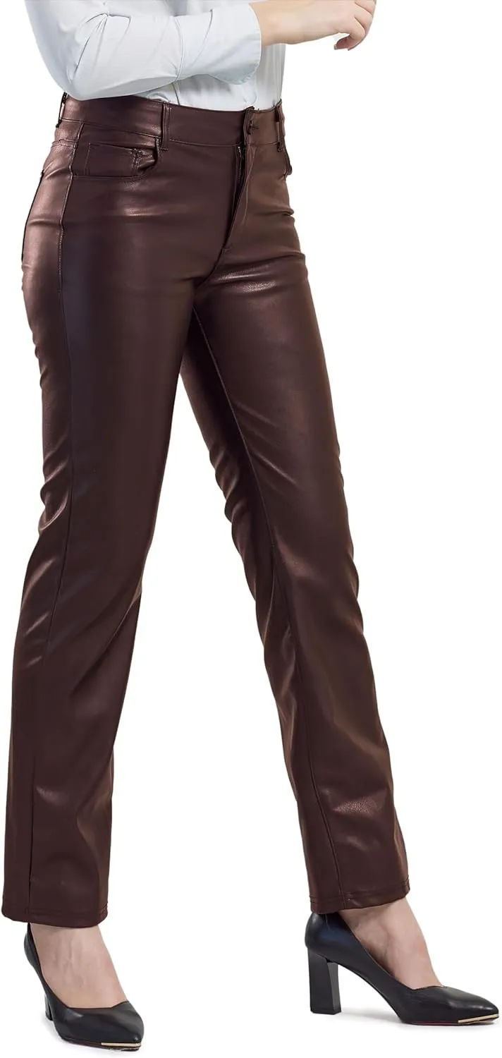 Balleay Art Faux Leather Pants for Women, Straight Leg Mid Waist Butt Lift Elastic Black Pants with 5 Pockets