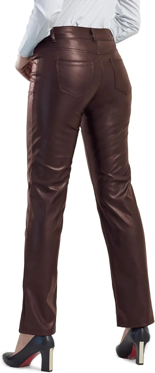 Balleay Art Faux Leather Pants for Women, Straight Leg Mid Waist Butt Lift Elastic Black Pants with 5 Pockets
