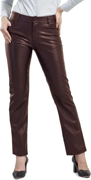 Balleay Art Faux Leather Pants for Women, Straight Leg Mid Waist Butt Lift Elastic Black Pants with 5 Pockets