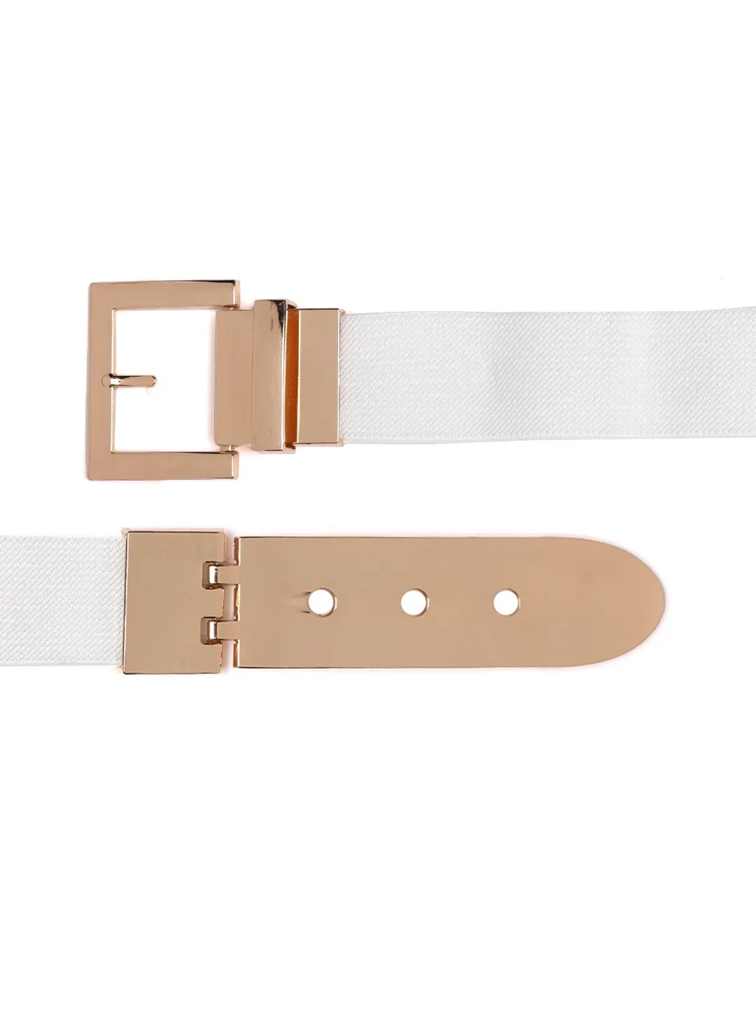 Berrylush Women White Elastic Strap Rose Gold Fancy Buckle Belt