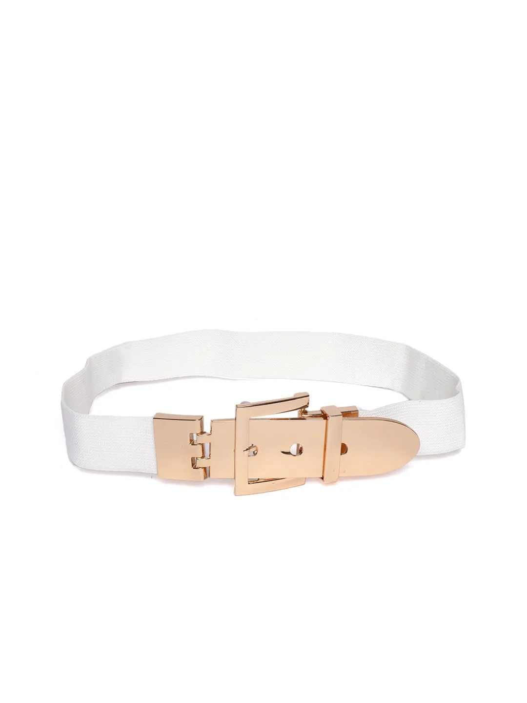 Berrylush Women White Elastic Strap Rose Gold Fancy Buckle Belt