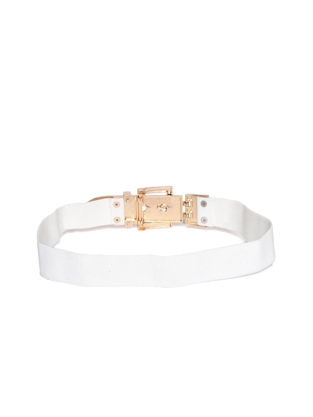 Berrylush Women White Elastic Strap Rose Gold Fancy Buckle Belt