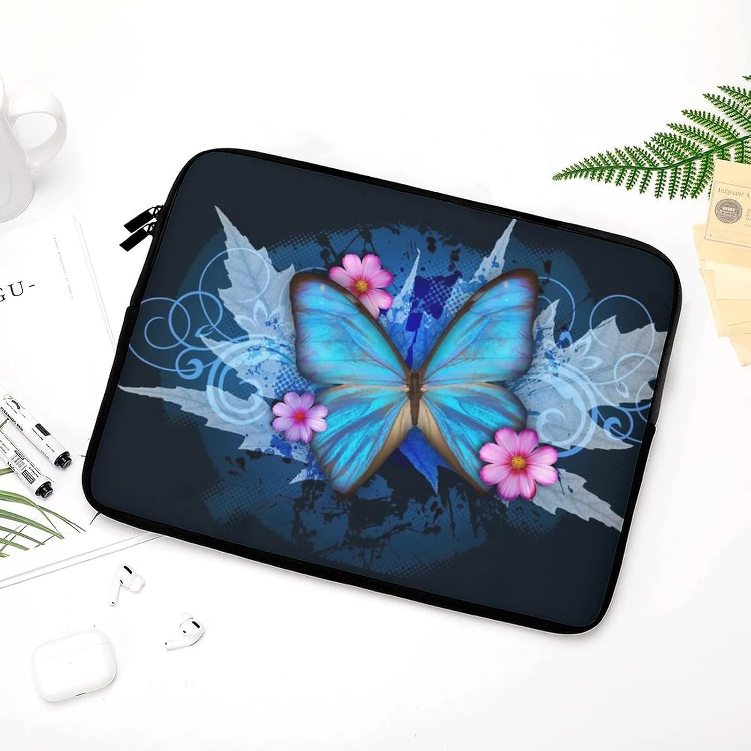 Blue Butterfly Flora Personalized Laptop Bag Business Casual Laptop Case Slim Computer Bag Briefcase