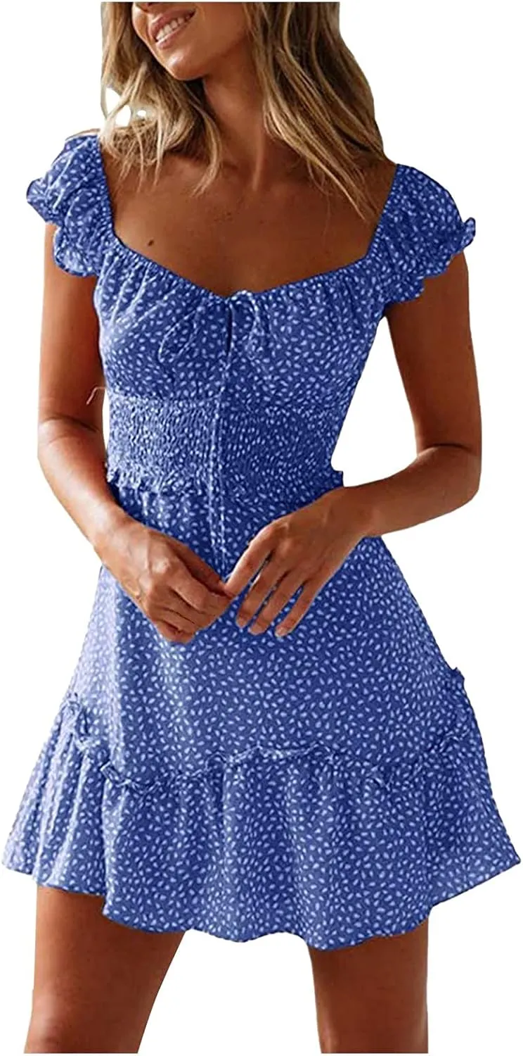 Boho Floral Dress for Women Cap Sleeve Summer Smocked Mini Dresses Elegant Square Neck Ruffle Short Party Sundress
