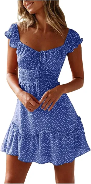 Boho Floral Dress for Women Cap Sleeve Summer Smocked Mini Dresses Elegant Square Neck Ruffle Short Party Sundress