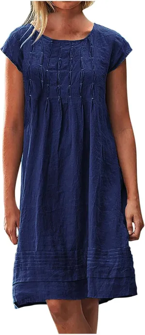 Boho Linen Midi Dresses for Women Short Sleeve Crewneck Pleated Dress Casual Aline Sundresses Beach Vacation Clothes