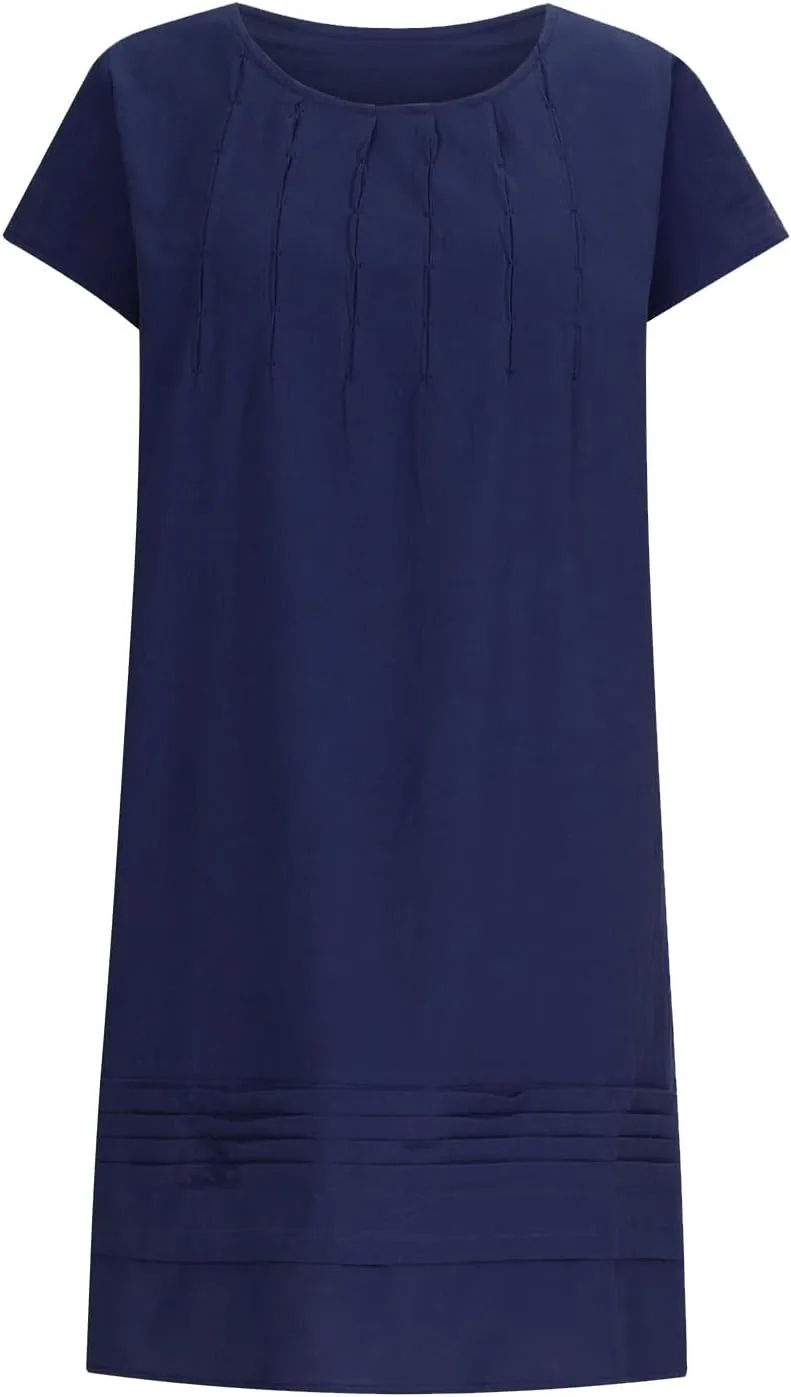 Boho Linen Midi Dresses for Women Short Sleeve Crewneck Pleated Dress Casual Aline Sundresses Beach Vacation Clothes