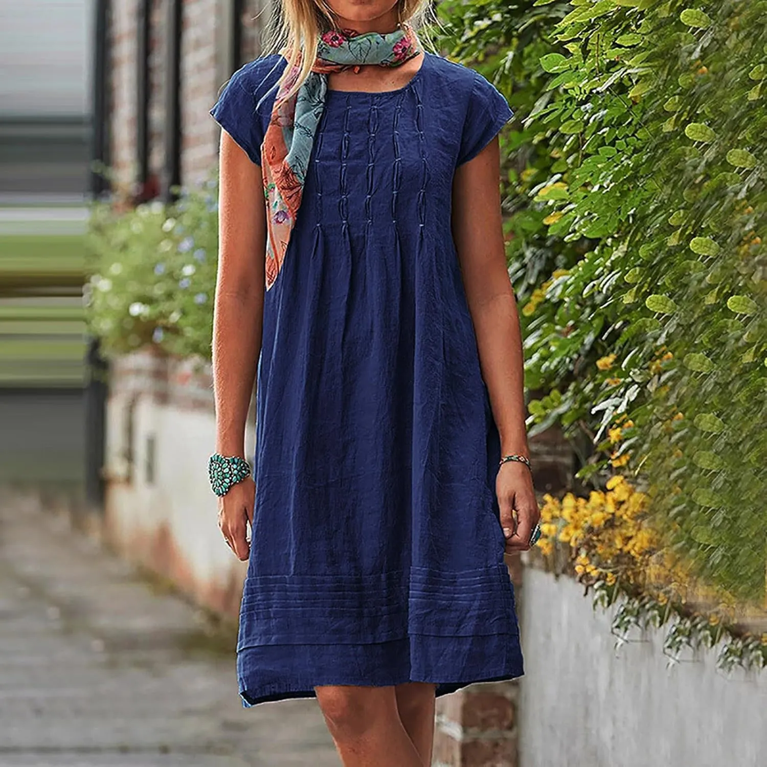 Boho Linen Midi Dresses for Women Short Sleeve Crewneck Pleated Dress Casual Aline Sundresses Beach Vacation Clothes