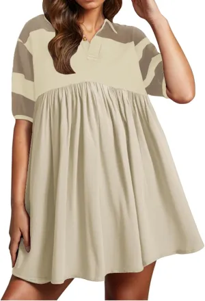 Borniu Women's Summer Short Sleeve Color Block Lapel Baggy Mini Dress Cute Babydoll Ruffle Pleated A Line Tunic Dresses