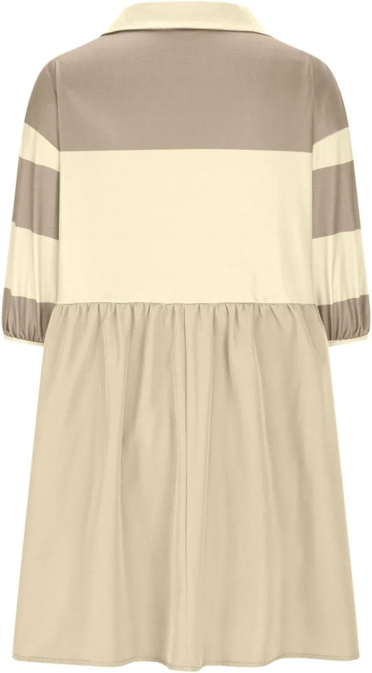 Borniu Women's Summer Short Sleeve Color Block Lapel Baggy Mini Dress Cute Babydoll Ruffle Pleated A Line Tunic Dresses