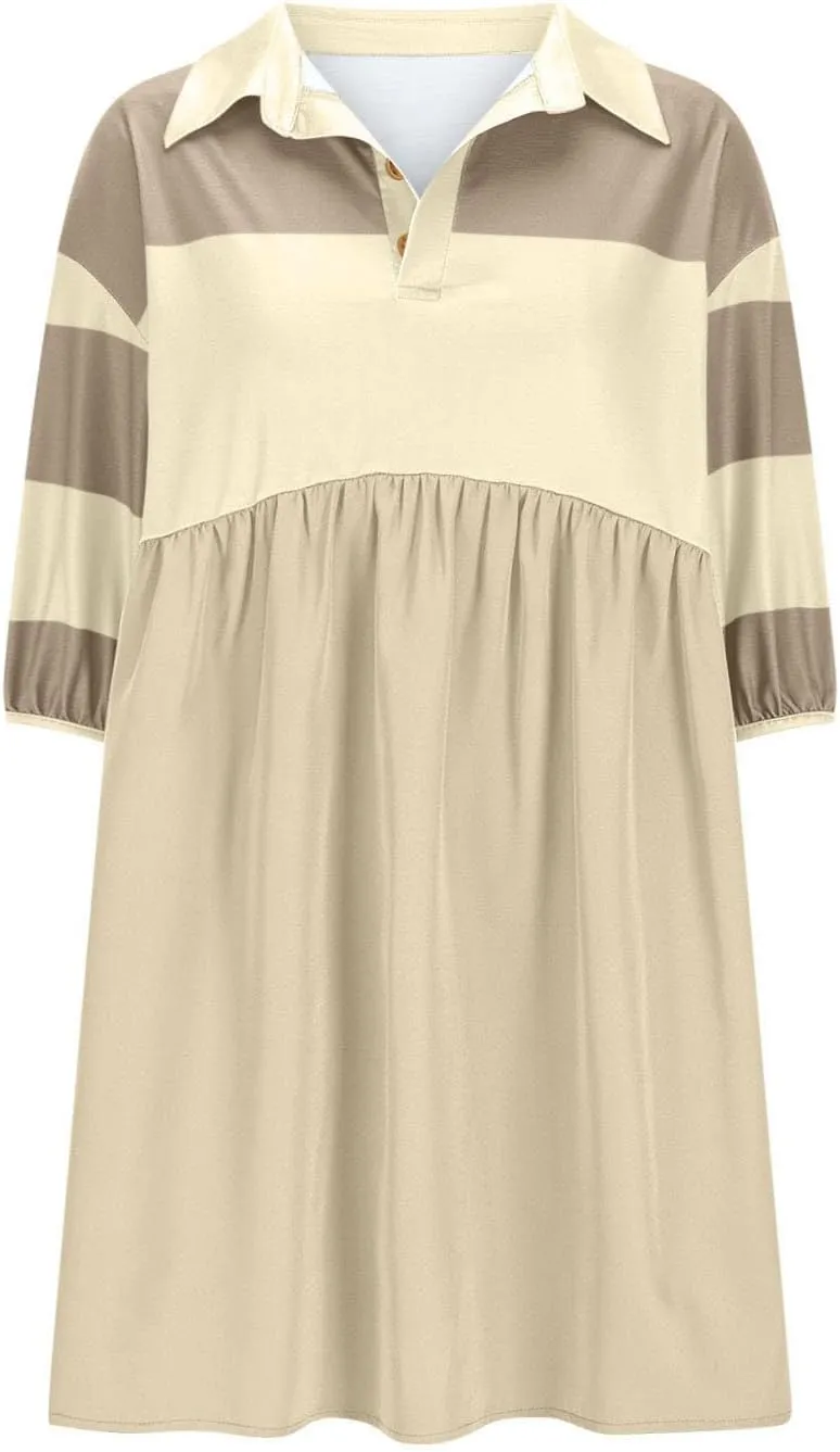 Borniu Women's Summer Short Sleeve Color Block Lapel Baggy Mini Dress Cute Babydoll Ruffle Pleated A Line Tunic Dresses