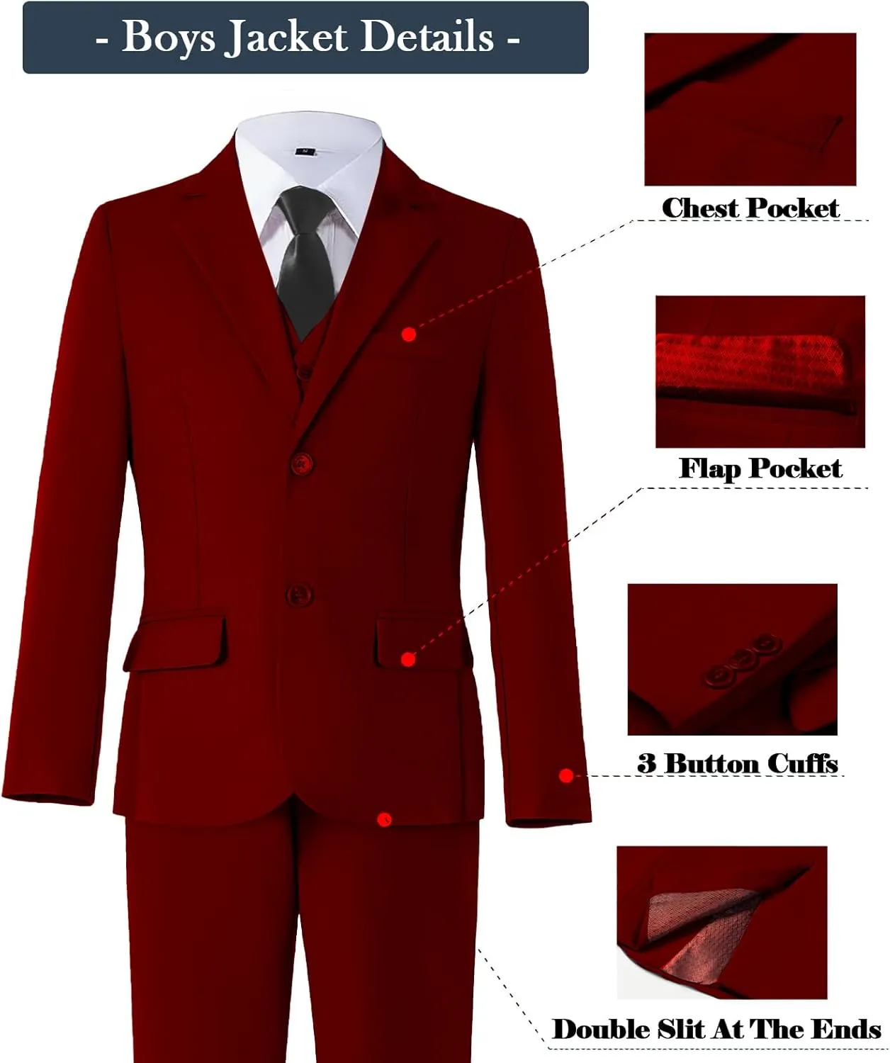 Boys Formal Suit Set with Dress Shirt Tie and Pocket Square, Adjustable Waist