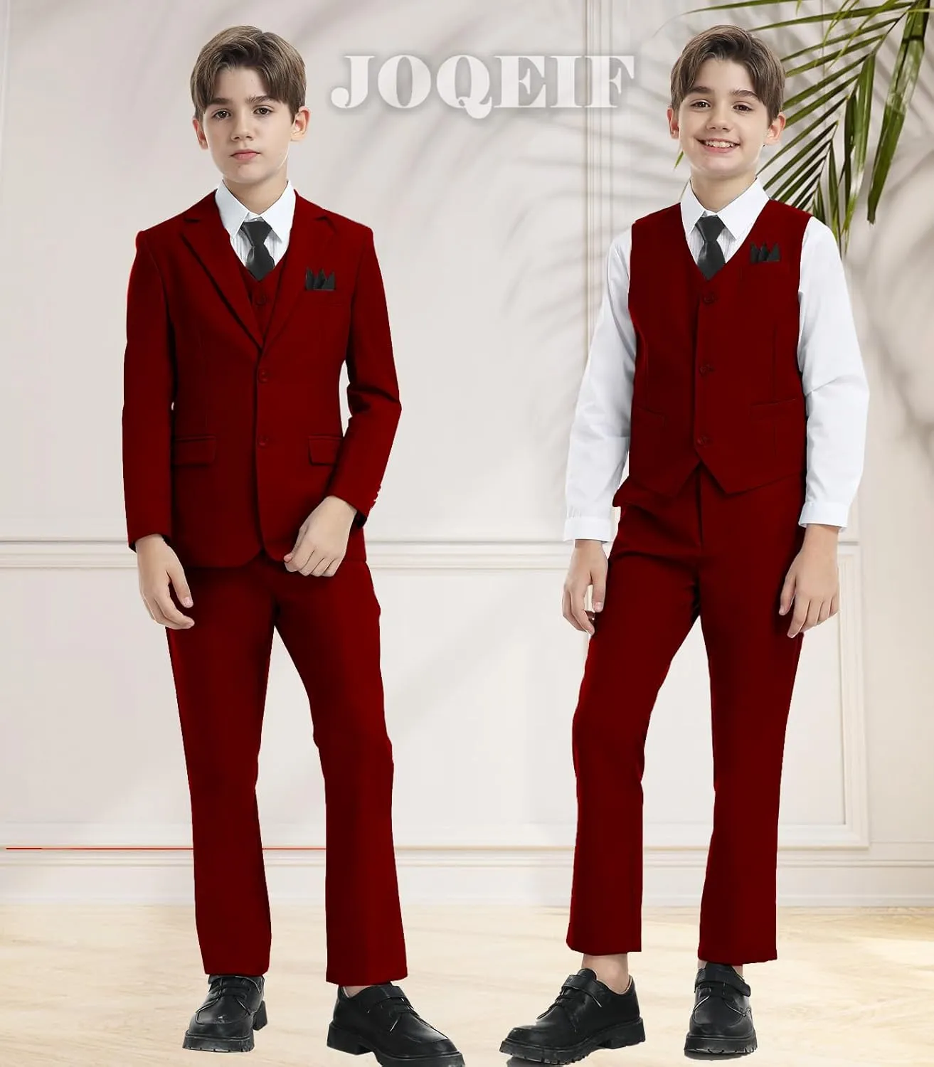 Boys Formal Suit Set with Dress Shirt Tie and Pocket Square, Adjustable Waist