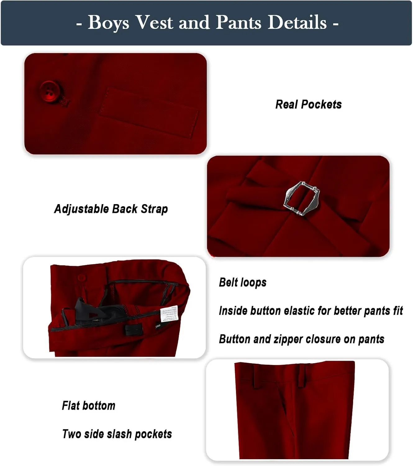 Boys Formal Suit Set with Dress Shirt Tie and Pocket Square, Adjustable Waist