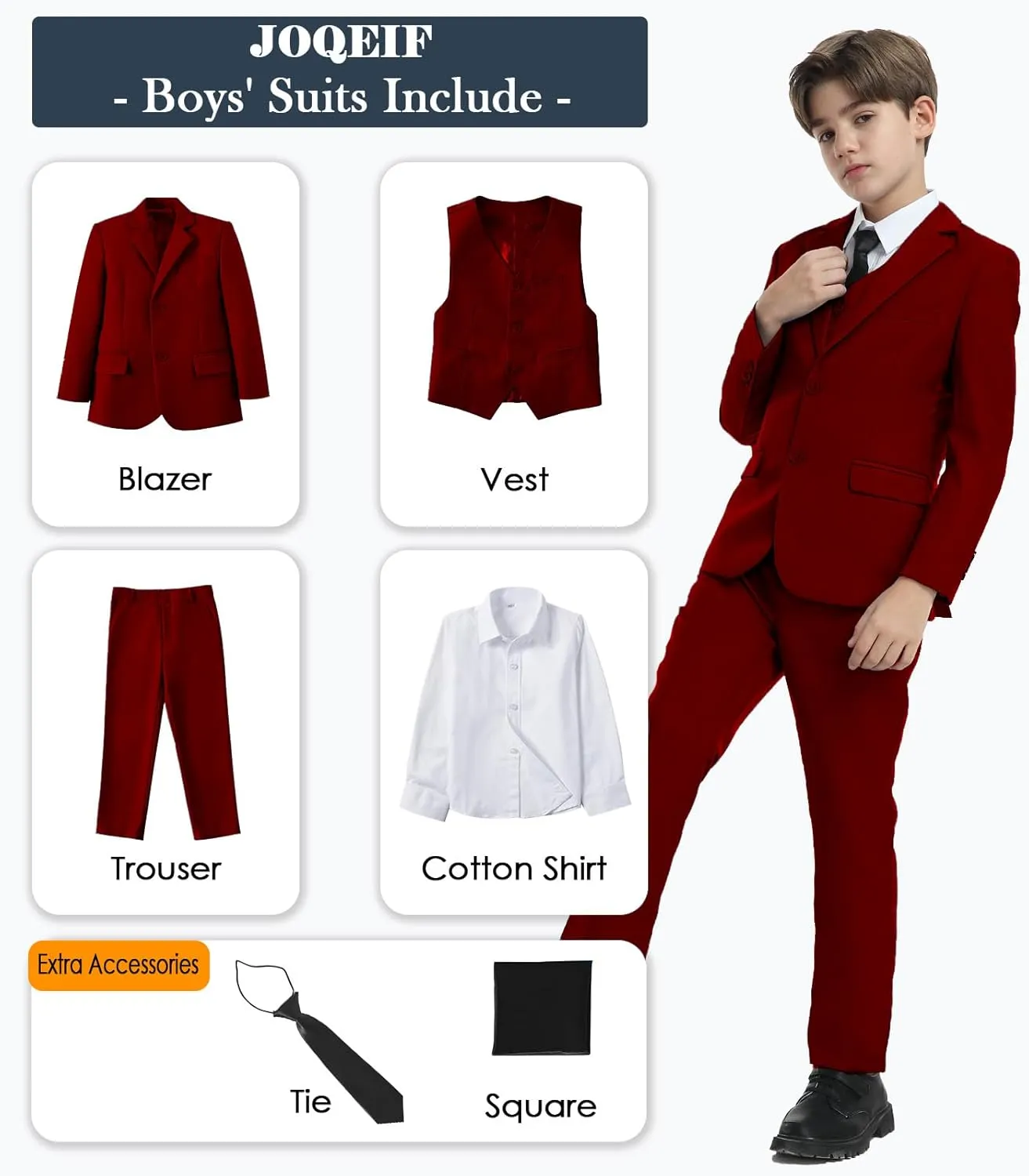 Boys Formal Suit Set with Dress Shirt Tie and Pocket Square, Adjustable Waist