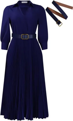 Business Casual Shirt Dress for Women Long Sleeves Pleated Midi Dresses Femininity Dress