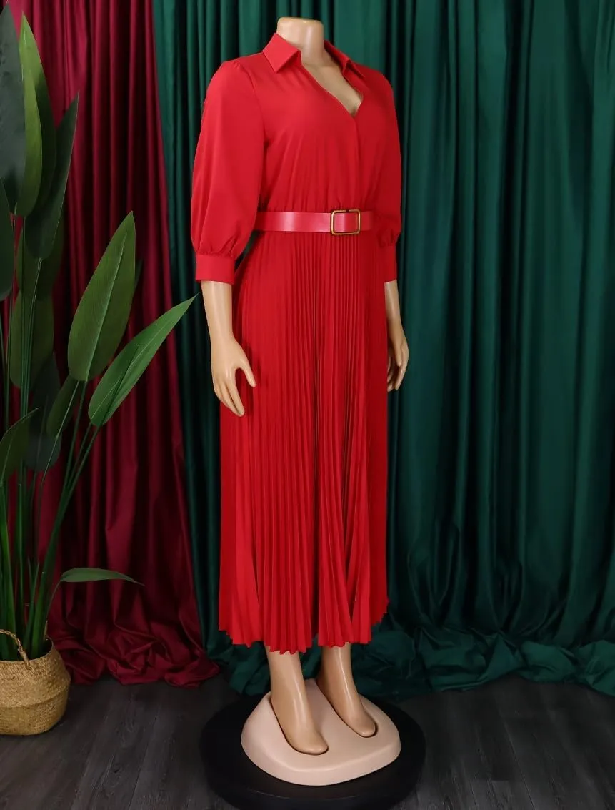 Business Casual Shirt Dress for Women Long Sleeves Pleated Midi Dresses Femininity Dress