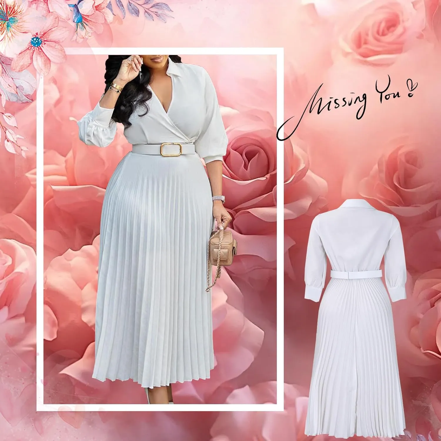 Business Casual Shirt Dress for Women Long Sleeves Pleated Midi Dresses Femininity Dress