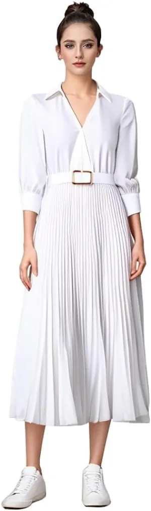 Business Casual Shirt Dress for Women Long Sleeves Pleated Midi Dresses Femininity Dress