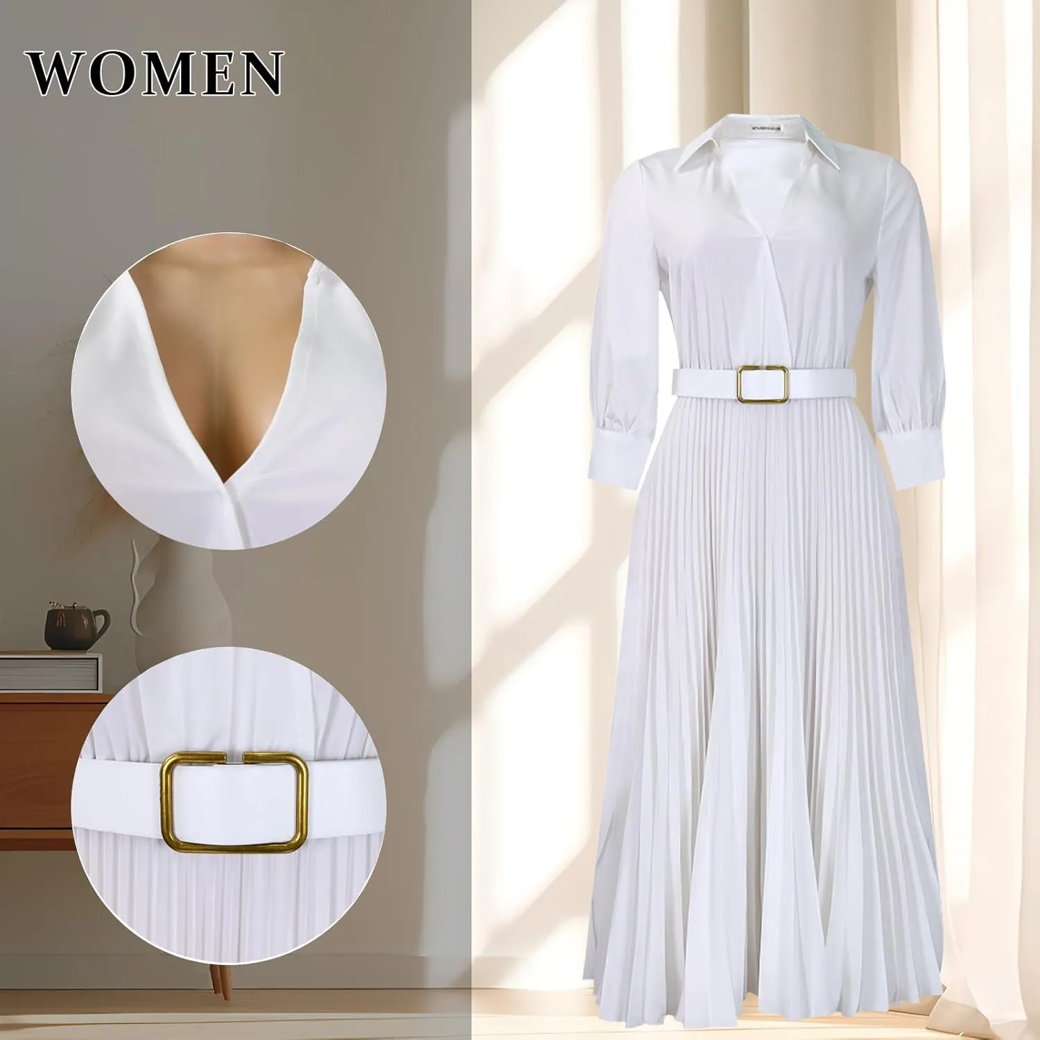 Business Casual Shirt Dress for Women Long Sleeves Pleated Midi Dresses Femininity Dress