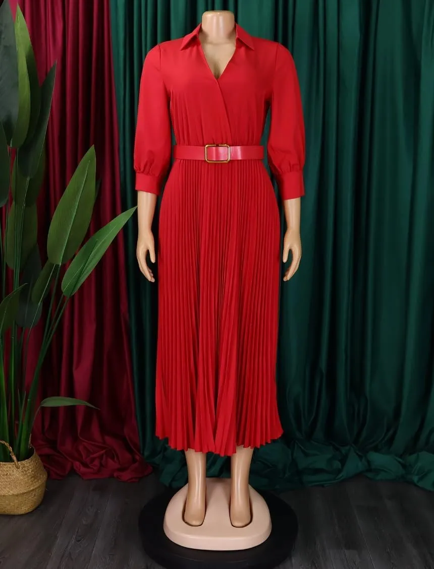 Business Casual Shirt Dress for Women Long Sleeves Pleated Midi Dresses Femininity Dress