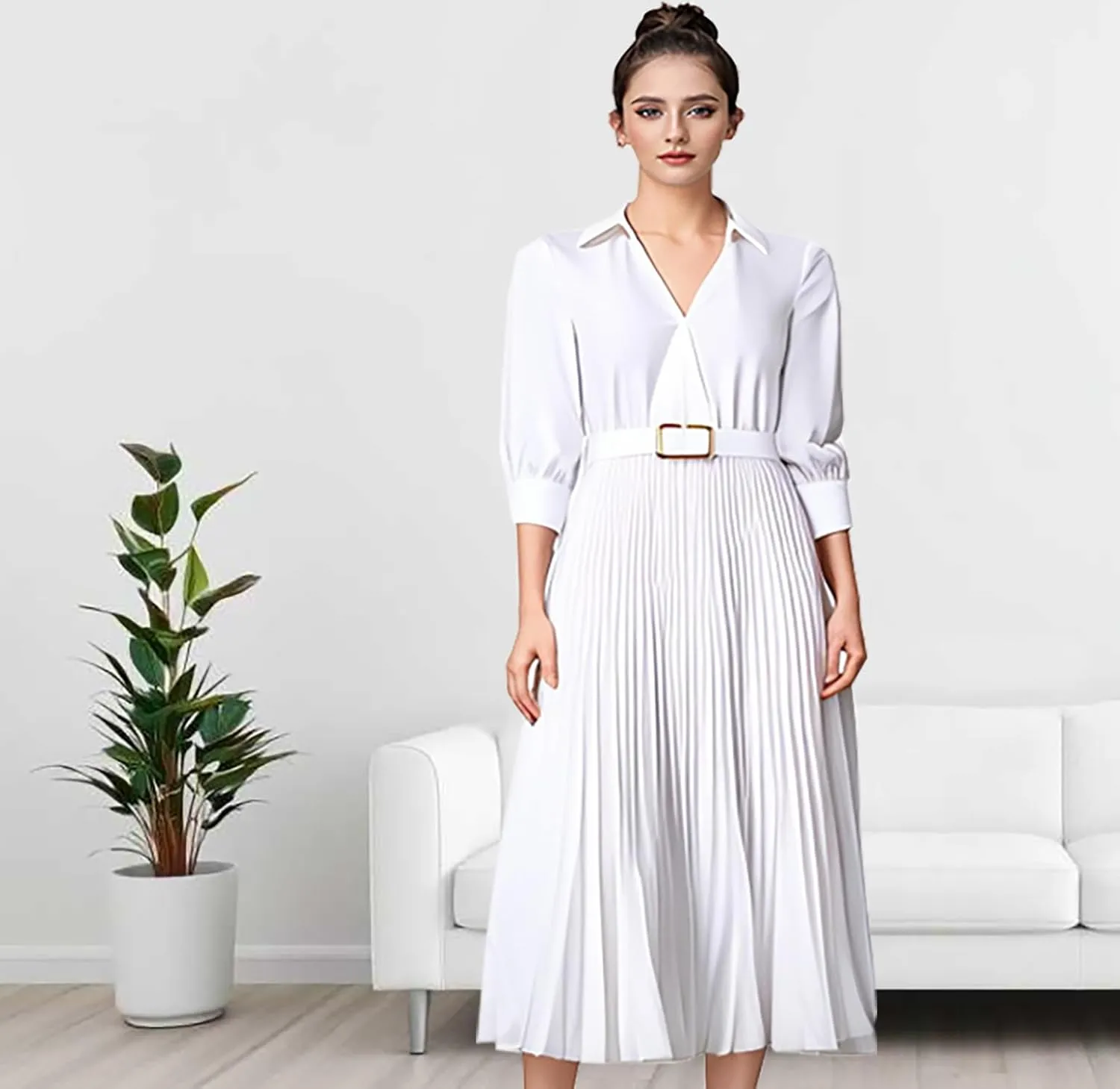 Business Casual Shirt Dress for Women Long Sleeves Pleated Midi Dresses Femininity Dress