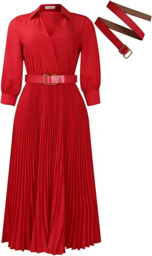 Business Casual Shirt Dress for Women Long Sleeves Pleated Midi Dresses Femininity Dress