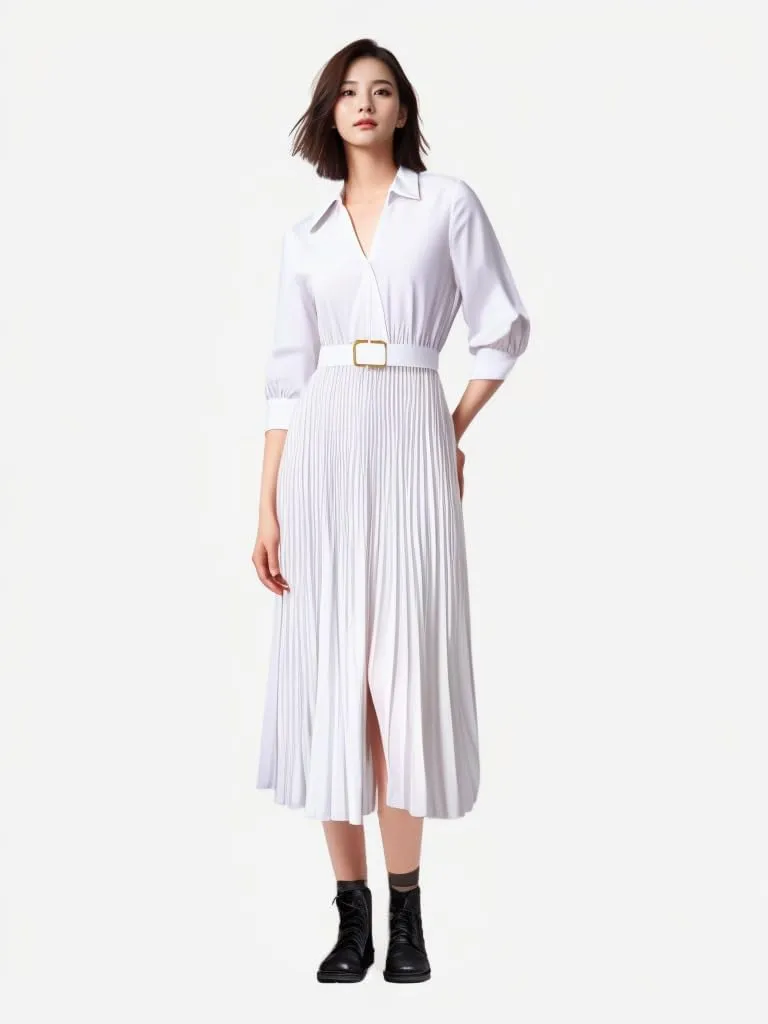 Business Casual Shirt Dress for Women Long Sleeves Pleated Midi Dresses Femininity Dress