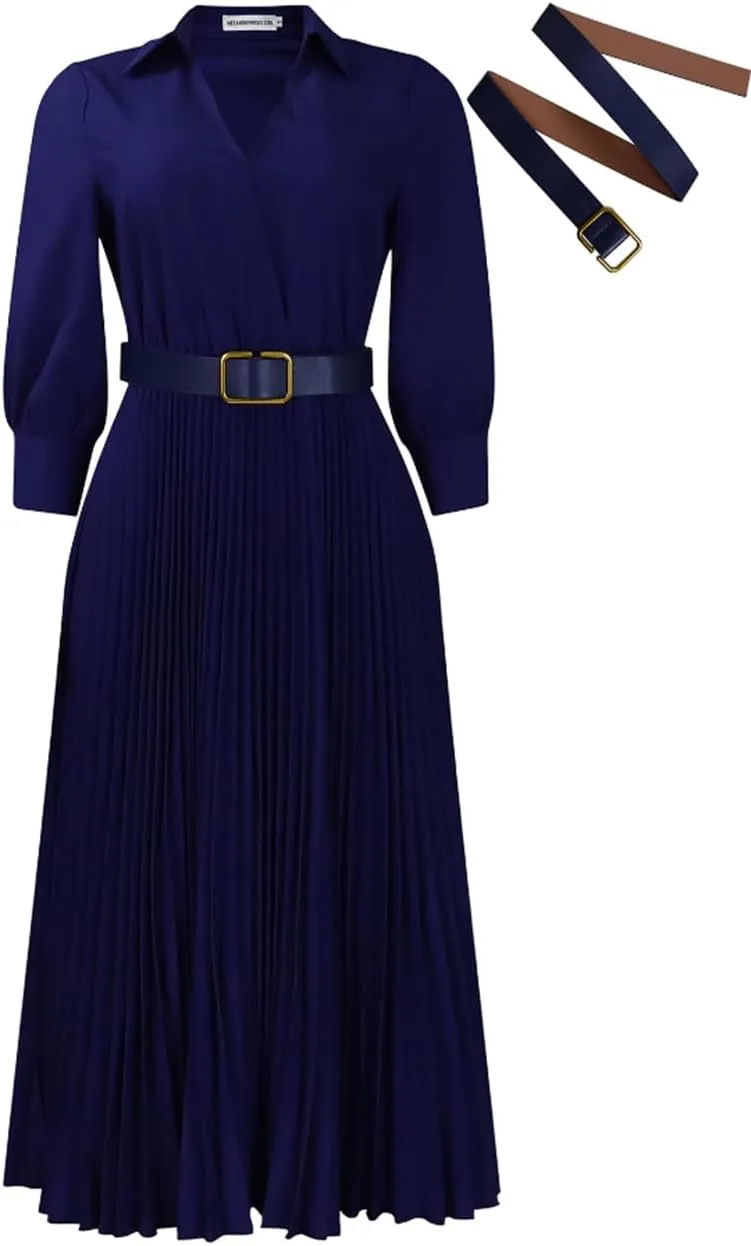 Business Casual Shirt Dress for Women Long Sleeves Pleated Midi Dresses Femininity Dress