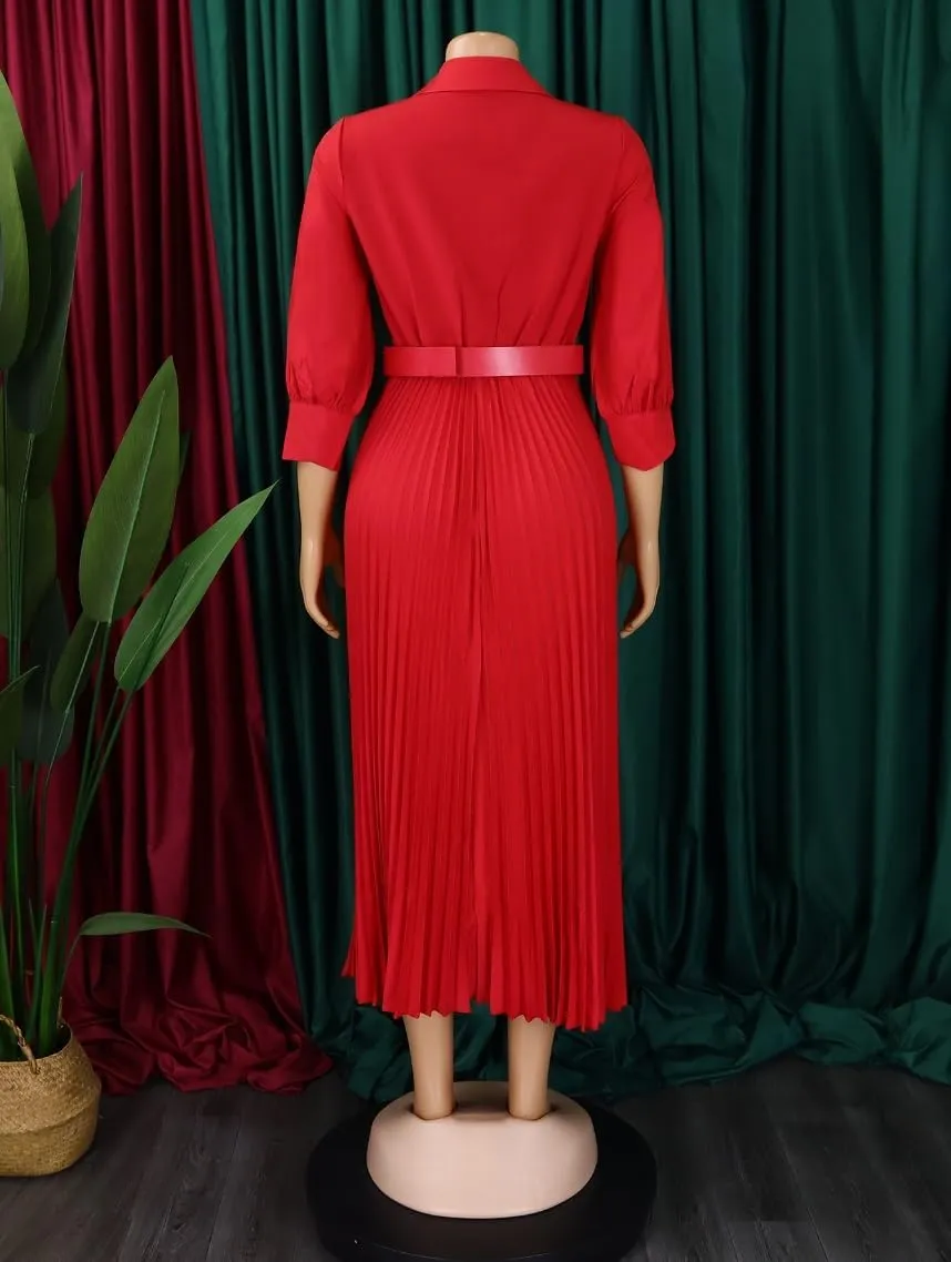 Business Casual Shirt Dress for Women Long Sleeves Pleated Midi Dresses Femininity Dress