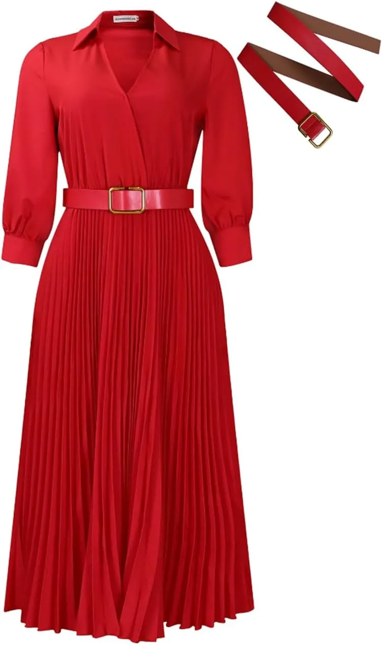 Business Casual Shirt Dress for Women Long Sleeves Pleated Midi Dresses Femininity Dress