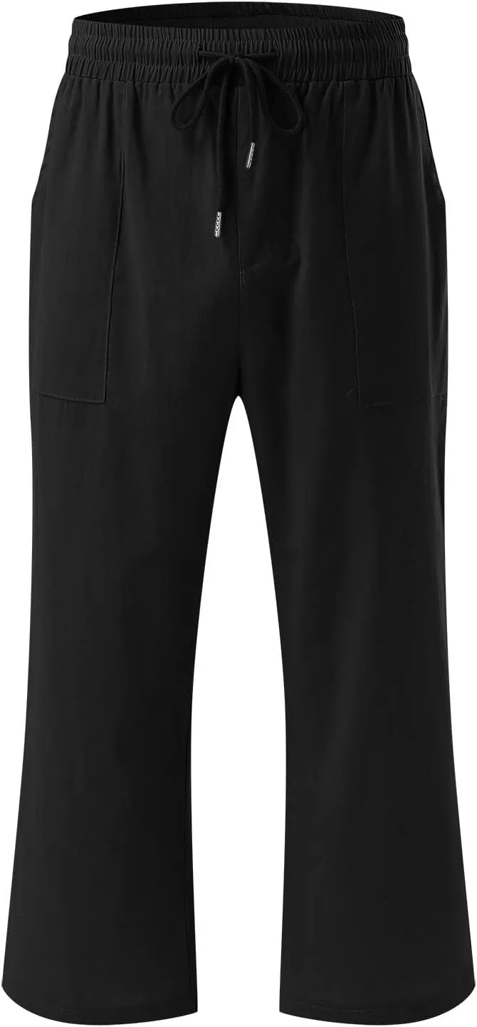 Capri Pants for Women Summer Linen Pants Drawstring Waist Casual Loose Wide Leg Trousers Cropped Slacks with Pockets
