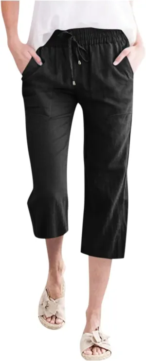Capri Pants for Women Summer Linen Pants Drawstring Waist Casual Loose Wide Leg Trousers Cropped Slacks with Pockets